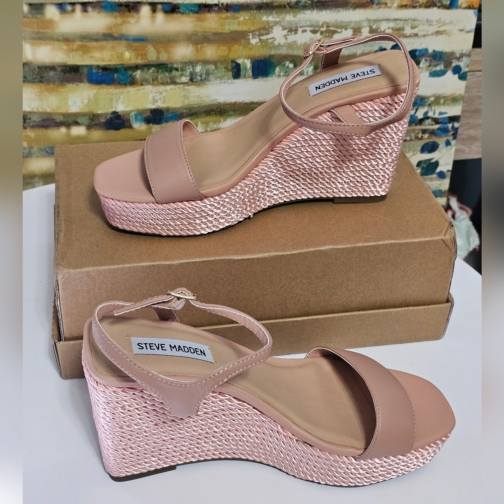 Steve Madden Tory Twist Blush Lea Leather Wedge Sandals Size 8 - Picture 8 of 13